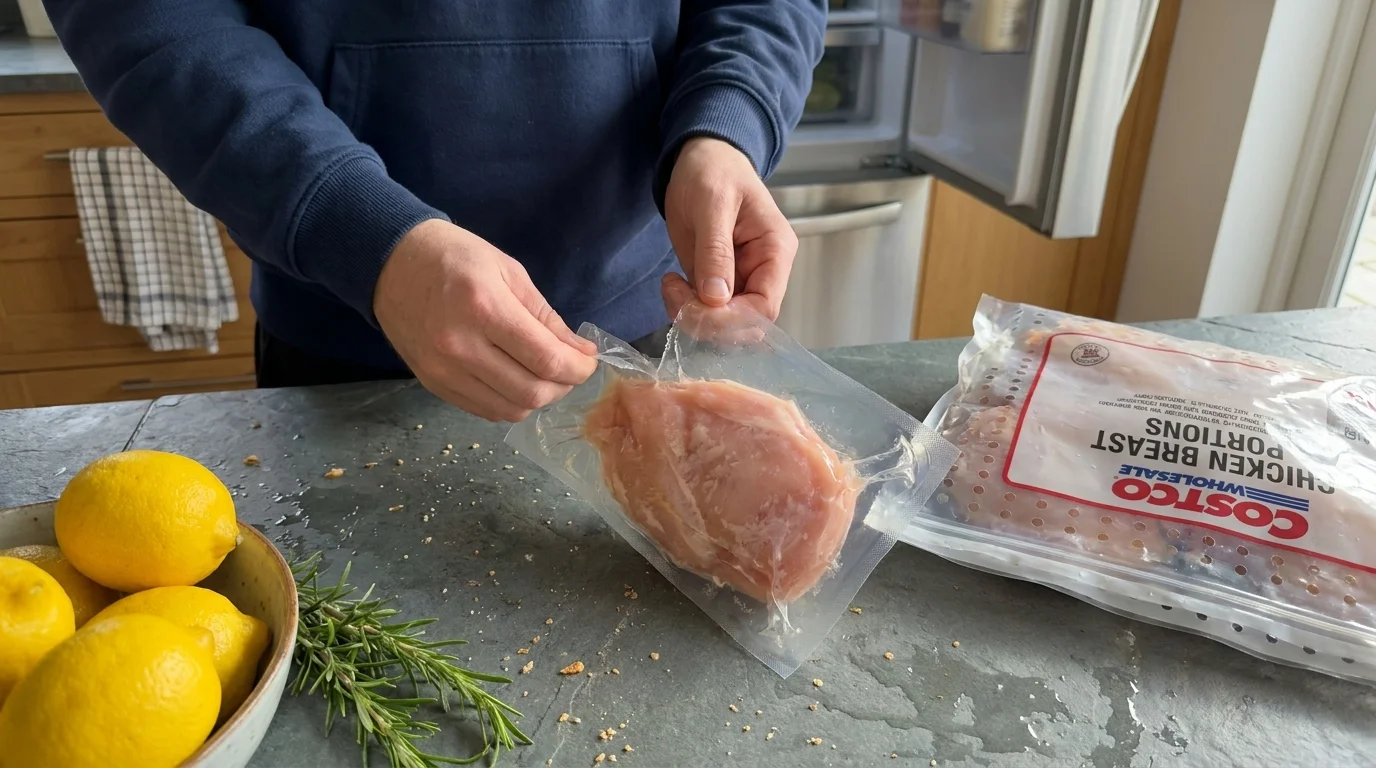 Close-up of hands tearing a perforated vacuum-sealed chicken breast pouch on a kitchen counter.