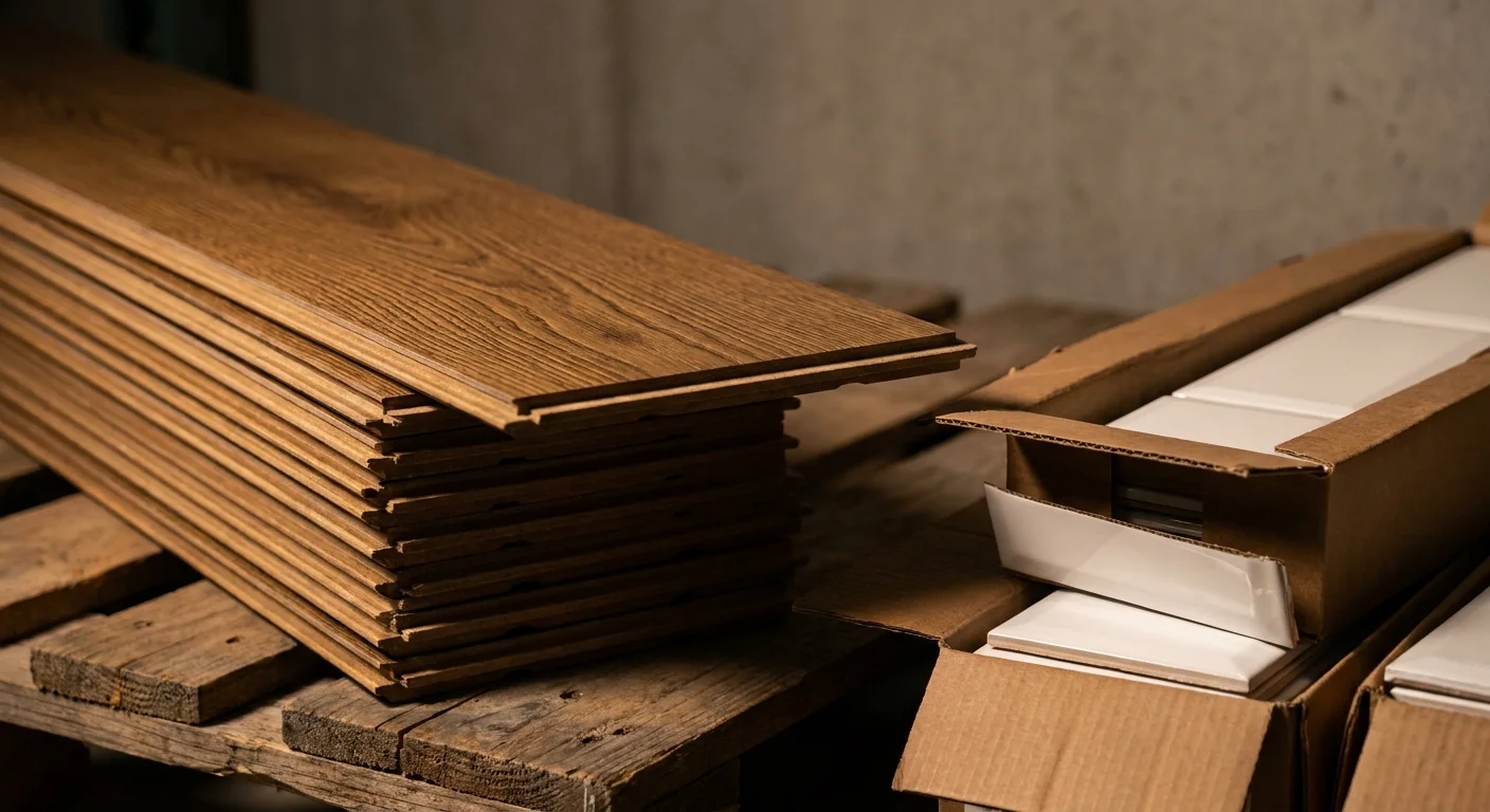 Close-up of luxury wood flooring planks and boxes of white subway tiles stacked in a storage unit.
