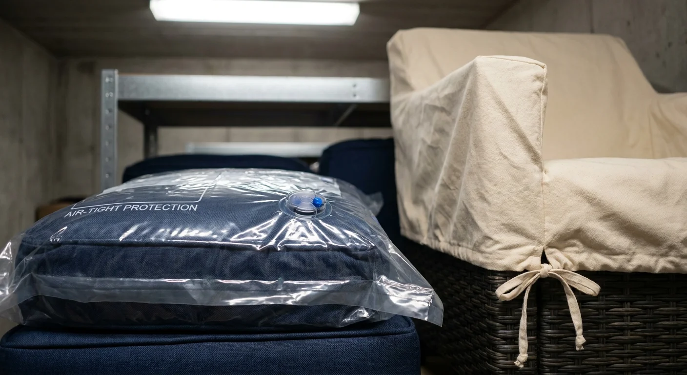 Close-up of patio cushions in a vacuum-sealed bag next to a wicker chair wrapped in a cotton cover.
