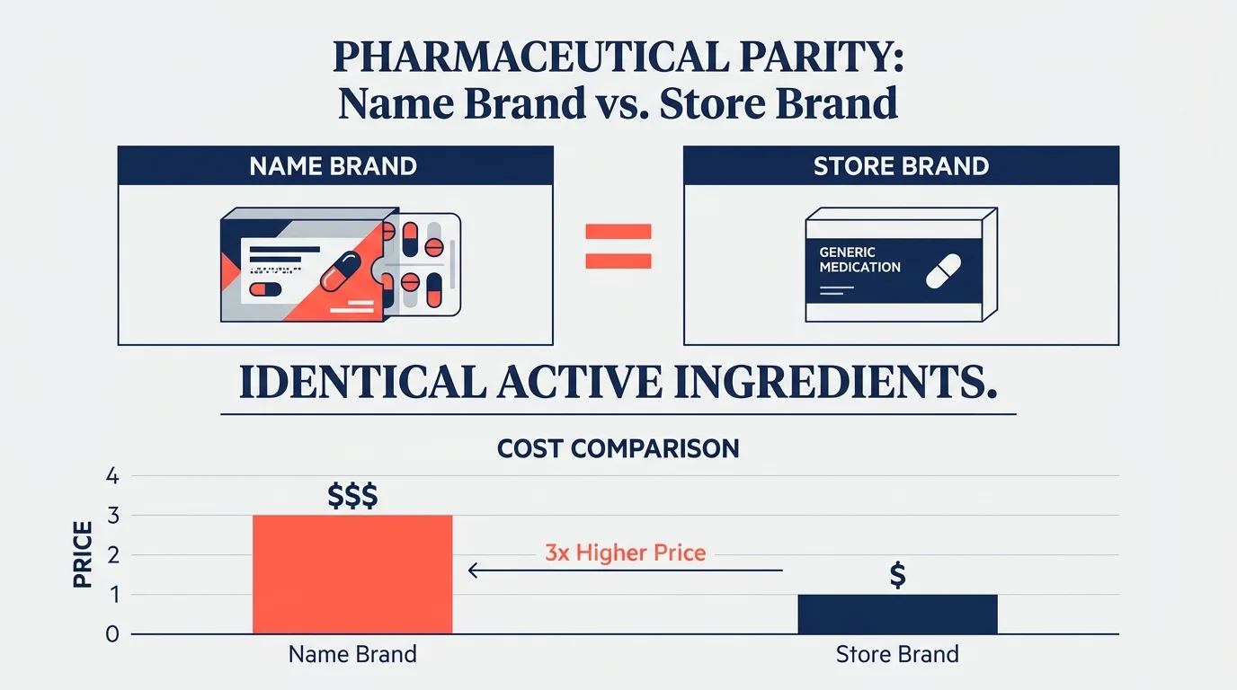Comparison chart showing that brand-name and store-brand medications have identical ingredients but different prices.