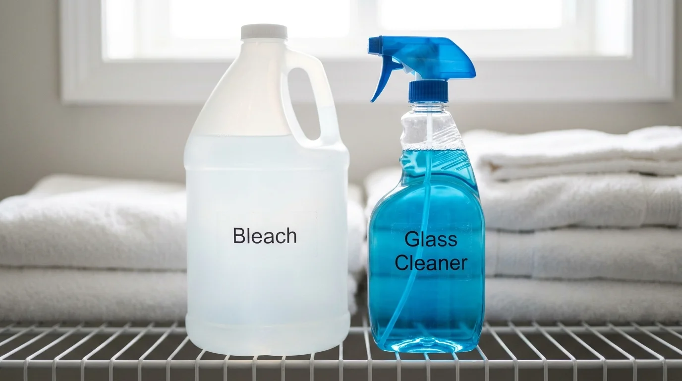 Generic bleach and cleaning supplies sitting on a laundry room shelf.
