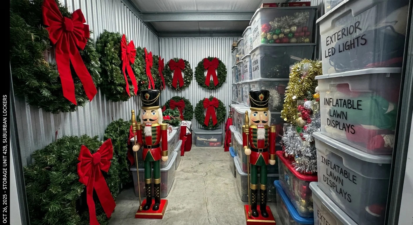 Giant nutcracker statues and holiday wreaths stored neatly inside a large storage unit.