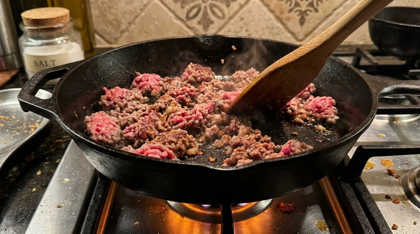 Ground beef browning in a cast iron skillet on a gas stove with steam rising.