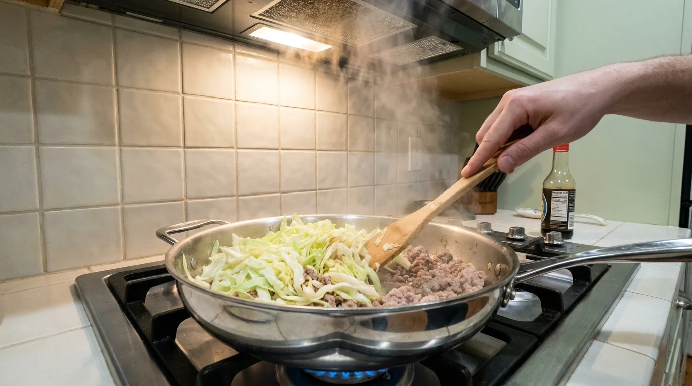 Ground turkey and shredded cabbage cooking together in a pan to create a high-volume, low-cost meal.