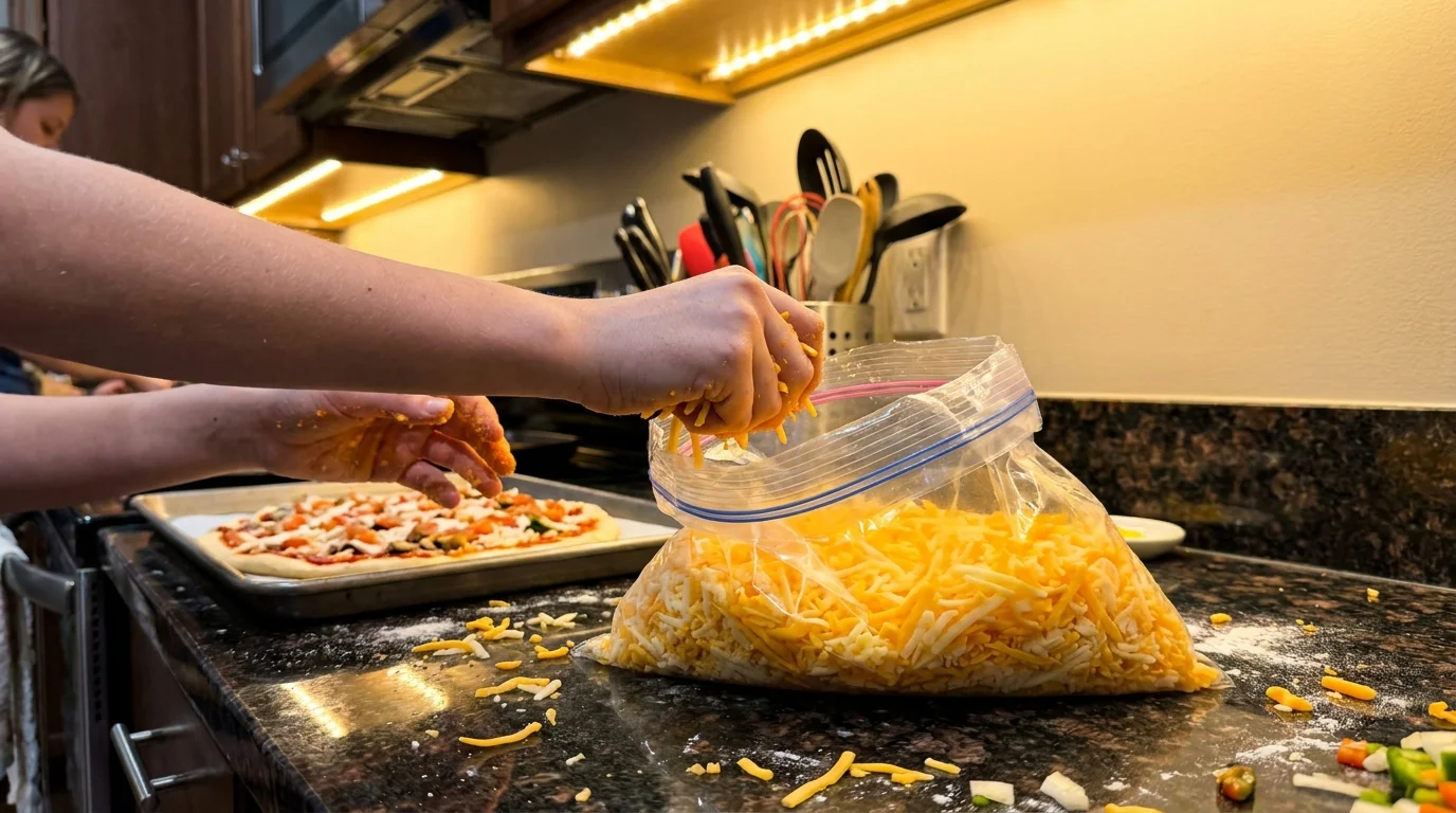 Hands grabbing a handful of shredded cheddar cheese from a large plastic bag in a kitchen.