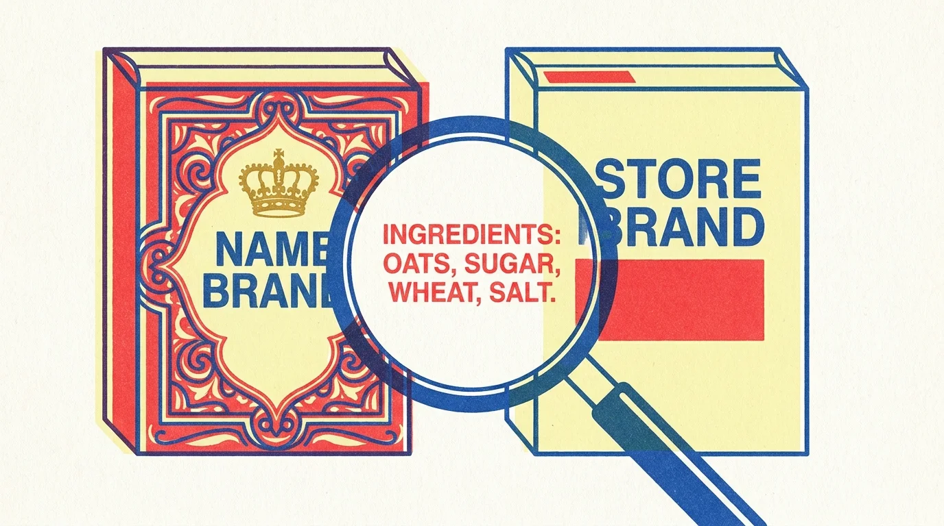 Illustration of a fancy name-brand box next to a simple store-brand box with identical ingredients.
