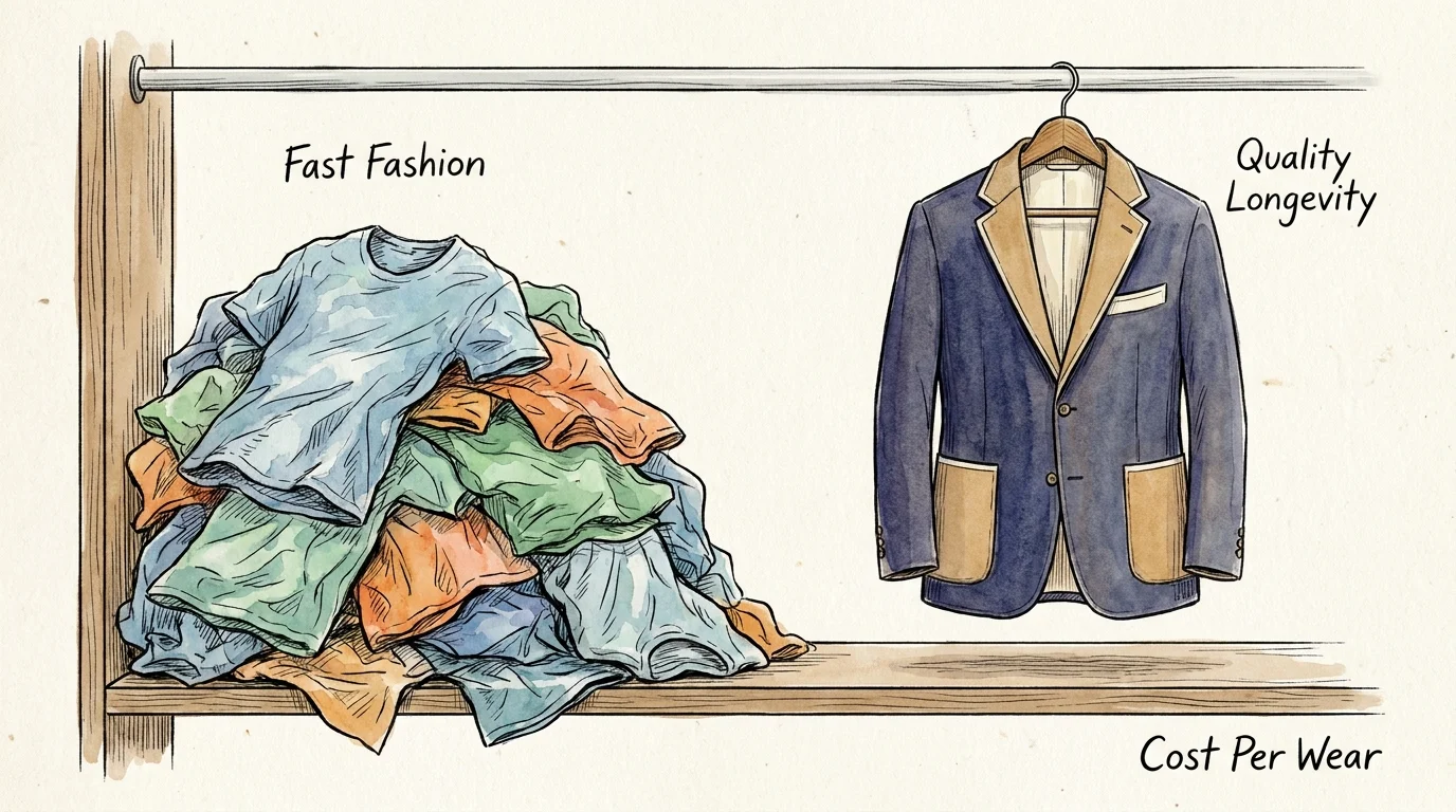 Illustration of a messy pile of cheap clothes next to one high-quality garment on a hanger.