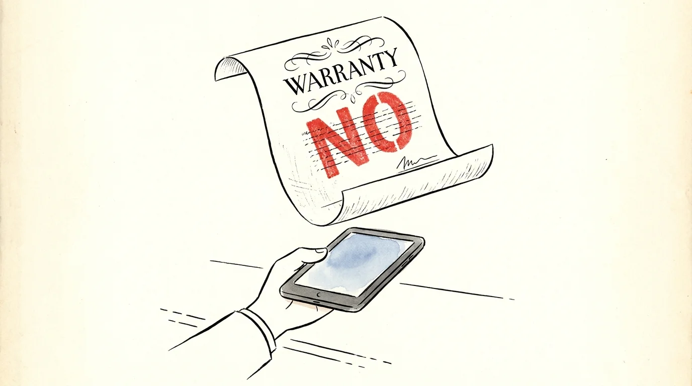 Illustration of a 'No' stamp being placed on an extended warranty certificate for a tablet.