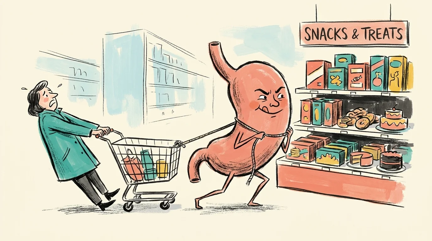 Illustration of a person being pulled through a store by a giant, hungry stomach.