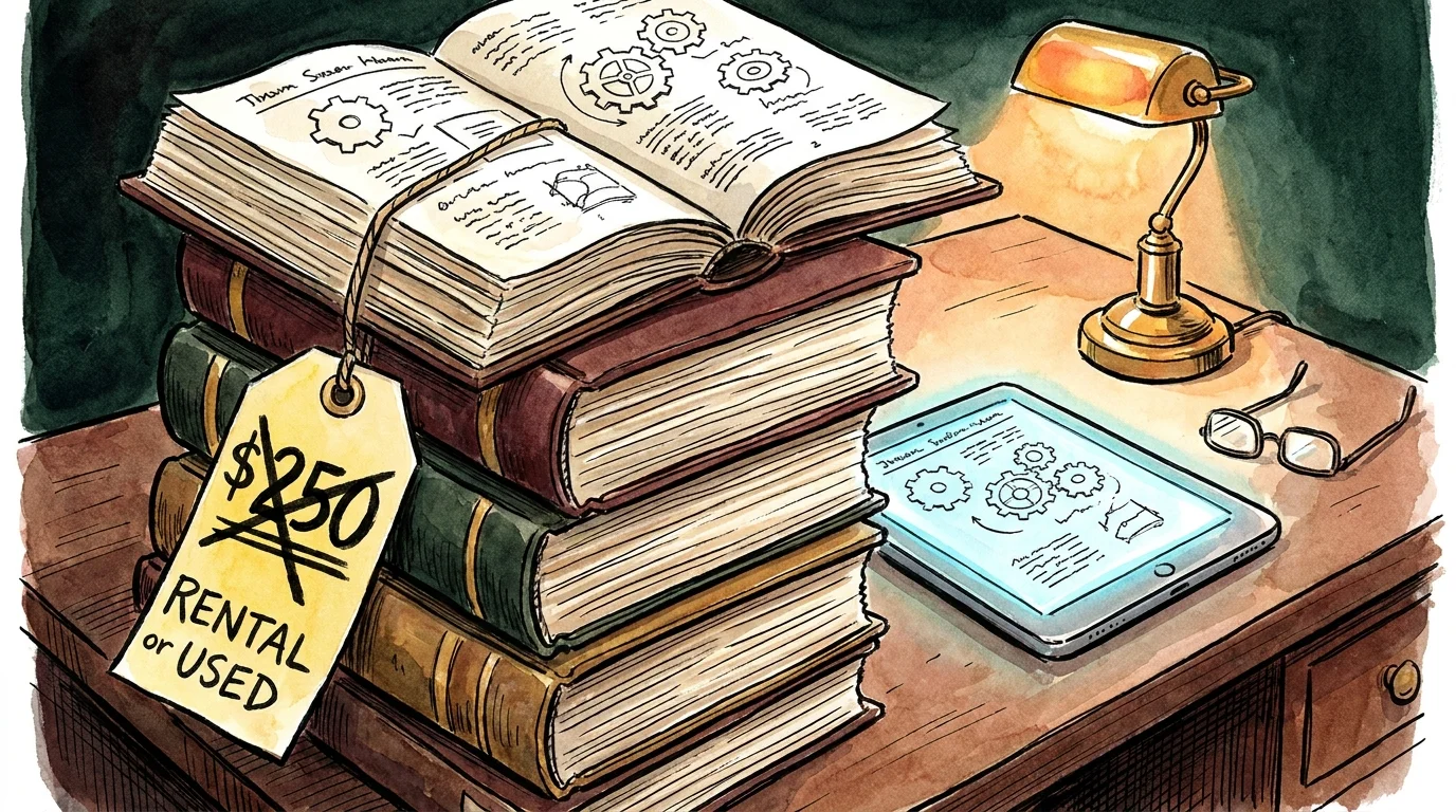 Illustration of a stack of textbooks with a 'Rental' label and a tablet displaying digital content.