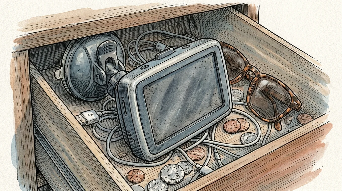 Illustration of an old GPS device gathering dust in a cluttered junk drawer.