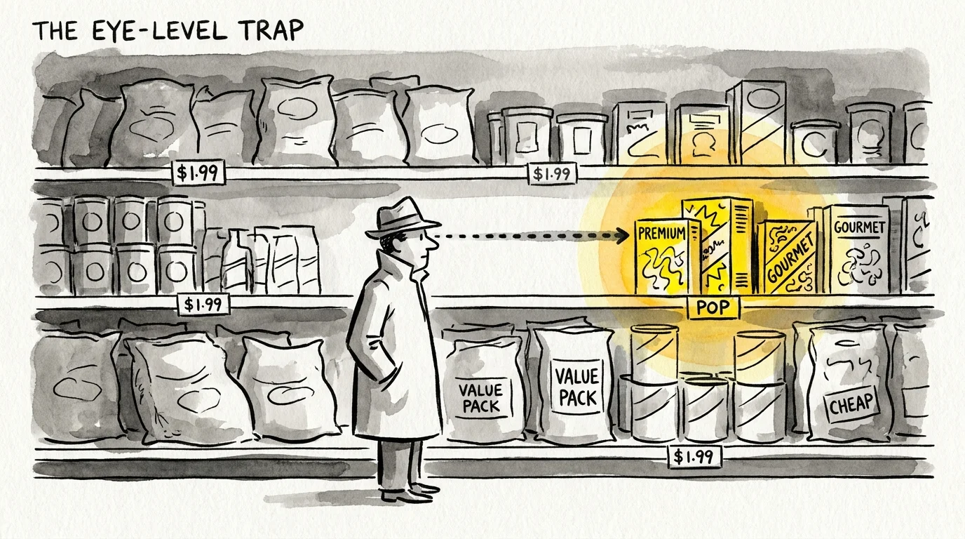 Illustration showing a shopper looking only at the middle shelf while ignoring cheaper items above and below.