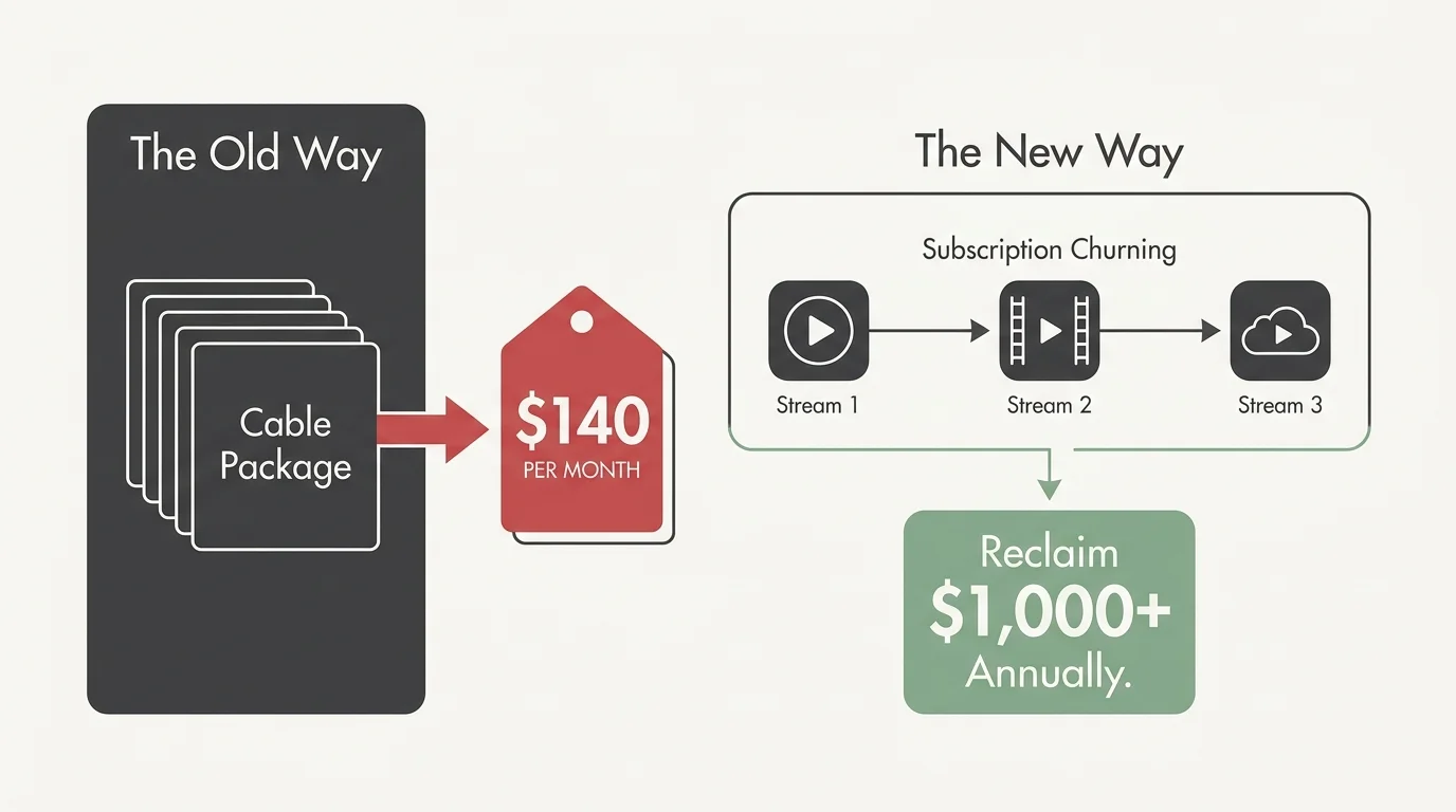 Infographic comparing a $140 cable bill to a subscription churning strategy that saves over $1,000 annually.