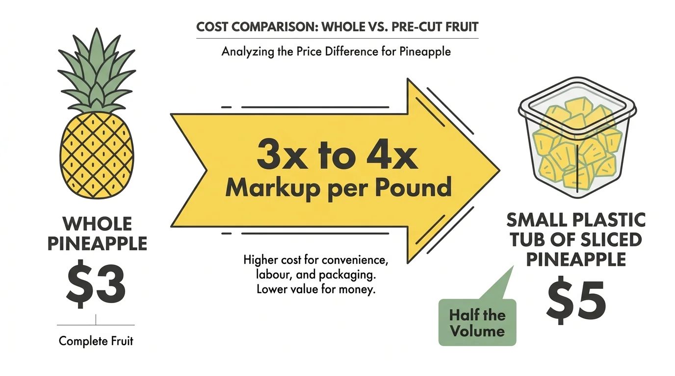 Infographic showing a whole pineapple for 3 dollars versus a small tub of cut pineapple for 5 dollars.