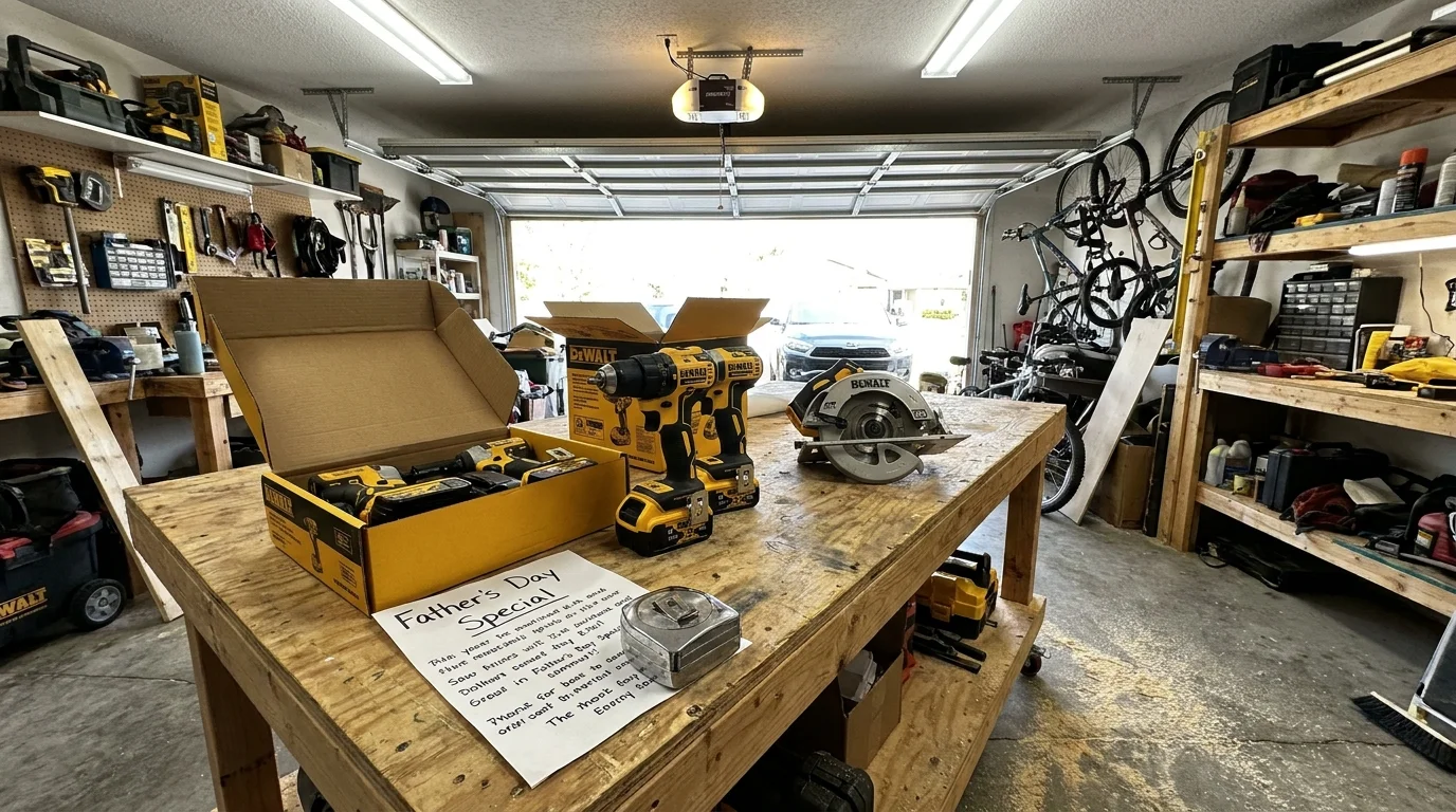 New power tools on a garage workbench next to a Father's Day sale flyer.