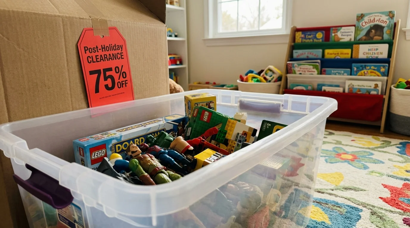 New toys in a storage bin with a 75% off clearance sticker visible in a child's playroom.