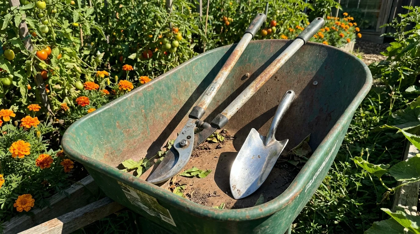 Professional gardening tools and a wheelbarrow in a sunlit vegetable garden.