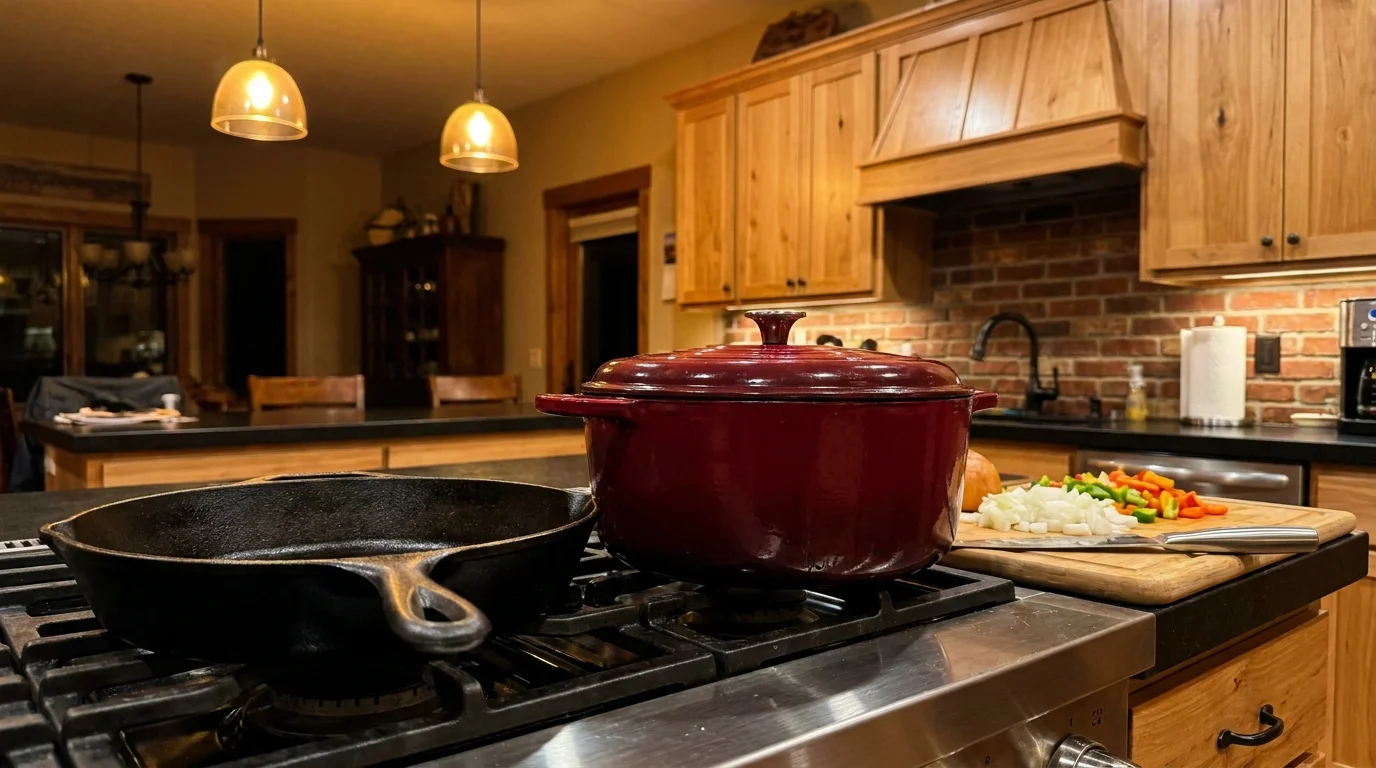Quality cast iron and enameled cookware on a kitchen stove, showing slight signs of previous use.