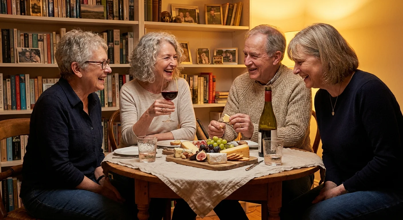 Retirees enjoying an intimate dinner party in a cozy apartment, showing a shift toward smaller, more frequent social gatherings.