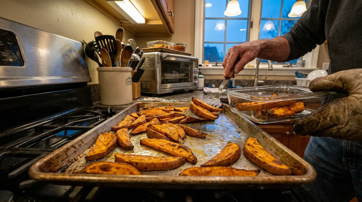 Roasted sweet potato wedges on a baking sheet being packed into containers for easy, nutritious meals throughout the week.