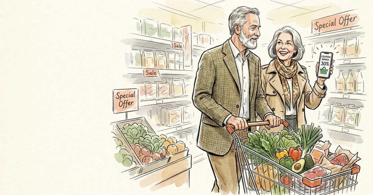 Savvy senior couple happily shopping in a grocery store with a full cart of fresh produce and a digital coupon app.