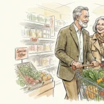 Savvy senior couple happily shopping in a grocery store with a full cart of fresh produce and a digital coupon app.