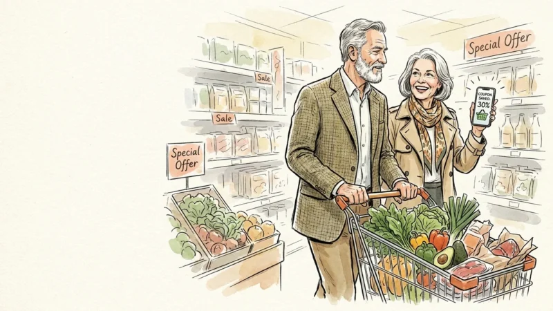 Savvy senior couple happily shopping in a grocery store with a full cart of fresh produce and a digital coupon app.