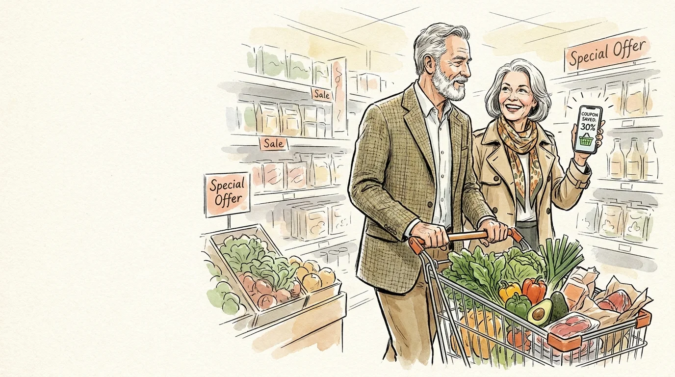 Savvy senior couple happily shopping in a grocery store with a full cart of fresh produce and a digital coupon app.