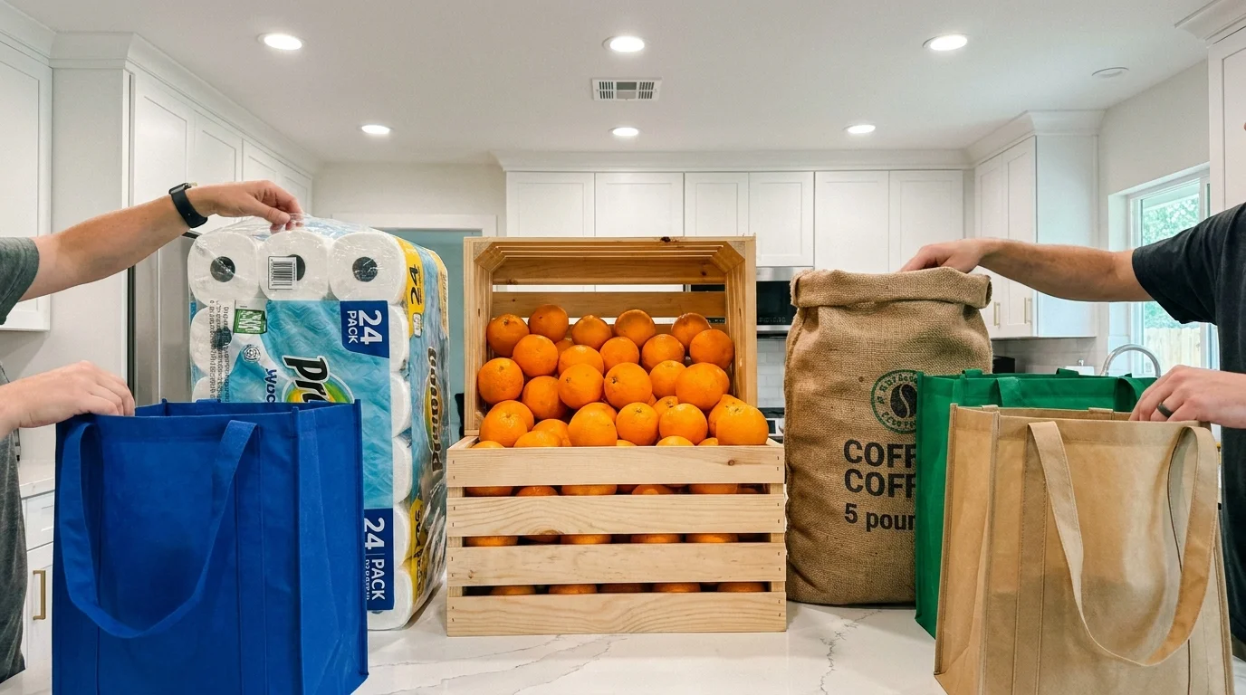 Three people dividing a large bulk grocery haul into separate reusable bags on a kitchen island.