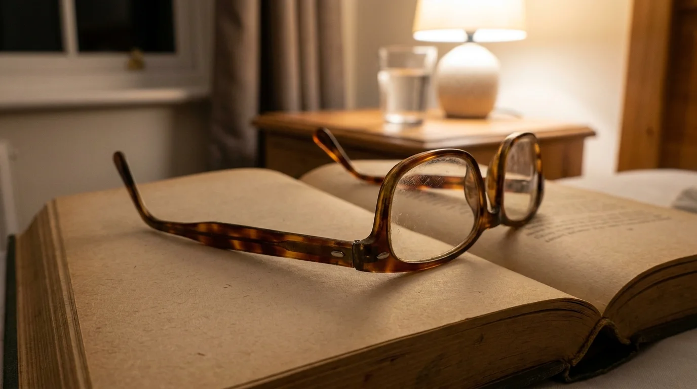 Tortoiseshell reading glasses resting on an open book on a wooden bedside table under warm light.