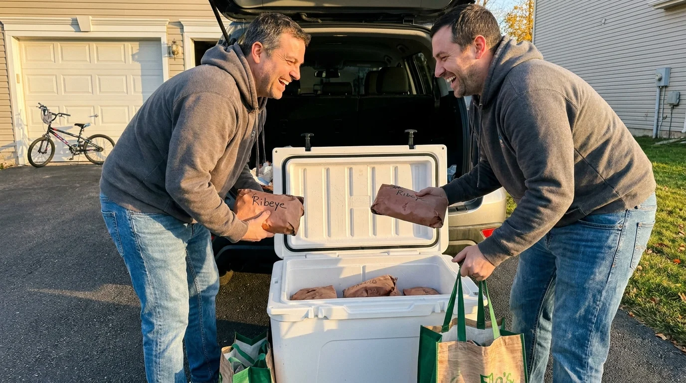 Two neighbors in a driveway splitting up packages of frozen beef from a large cooler after a bulk purchase.