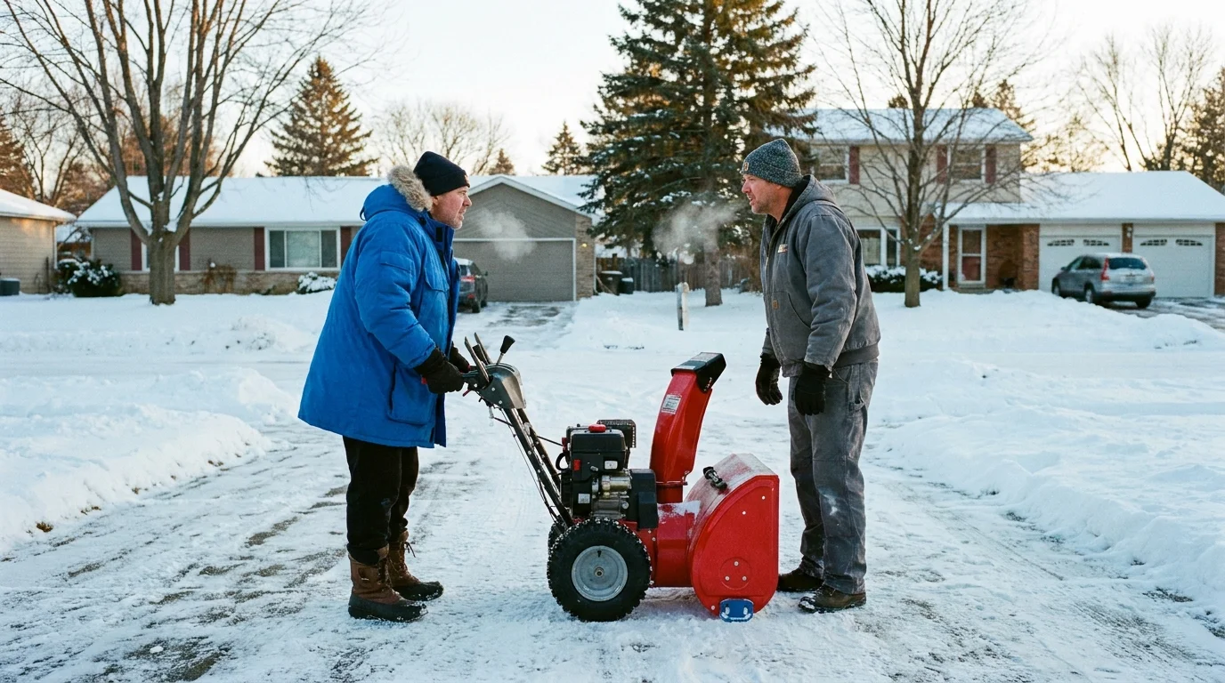 Two neighbors in winter gear sharing a large red snowblower on a snowy morning between their houses.