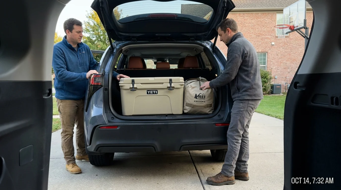 Two neighbors packing a shared premium cooler and a large tent into the back of a car for a camping trip.