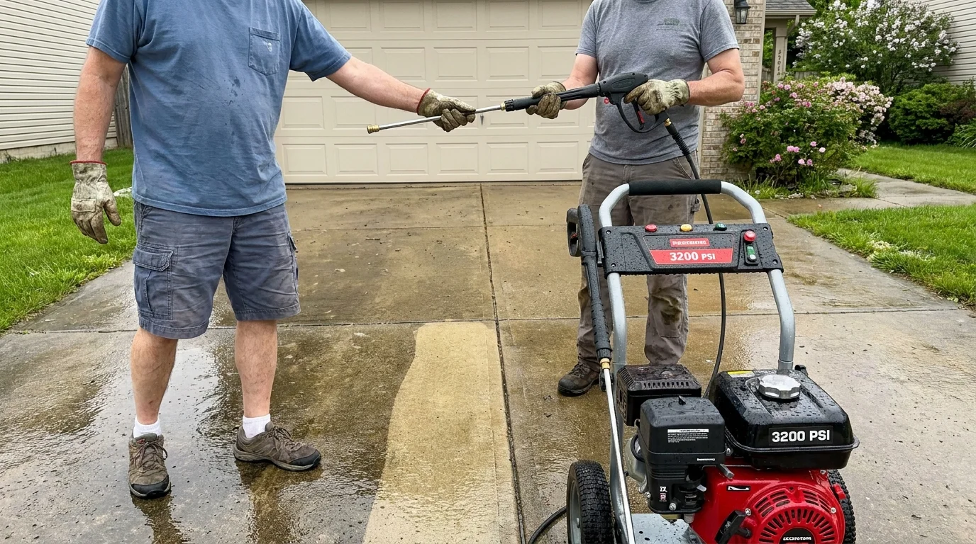 Two neighbors sharing a gas-powered pressure washer on a wet driveway, showing a clean stripe on the concrete.