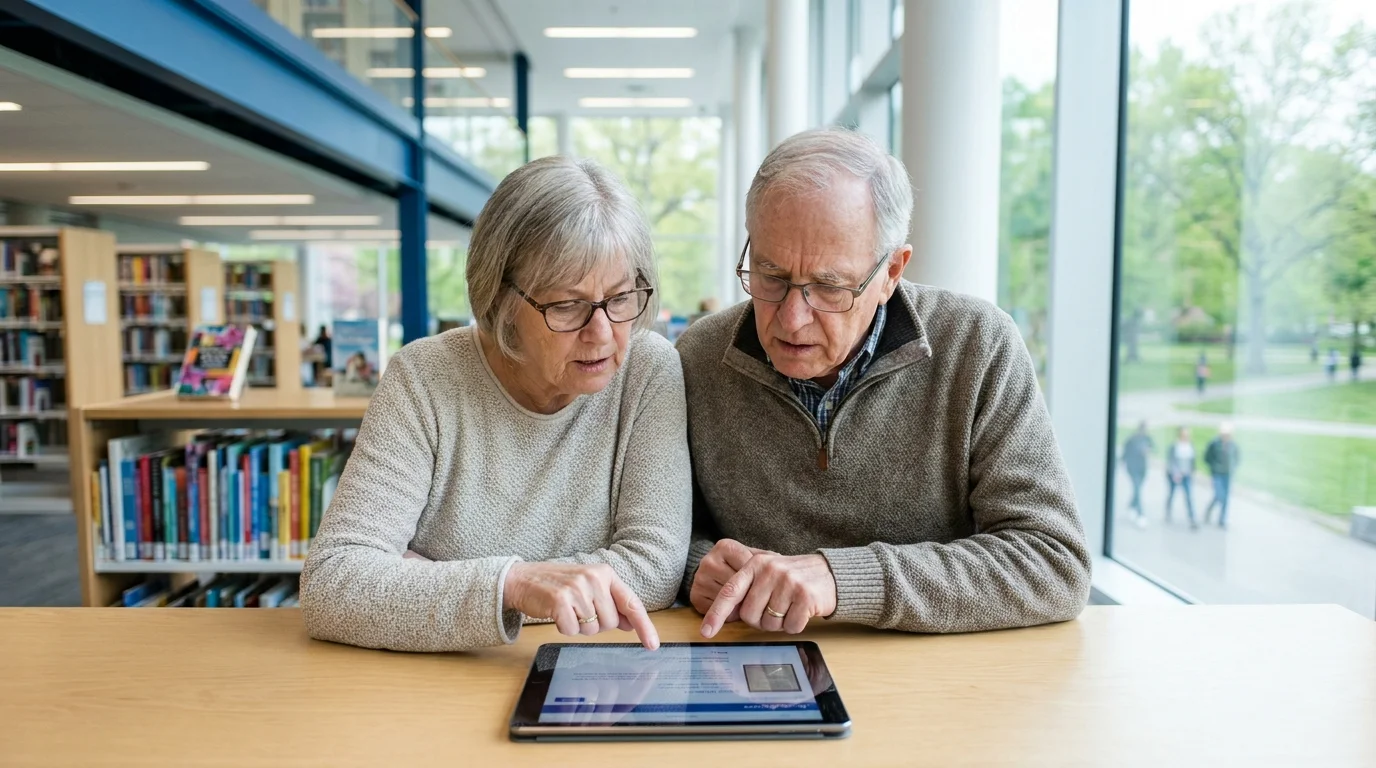 Two seniors use a tablet at a public library, taking advantage of free digital resources and community spaces.