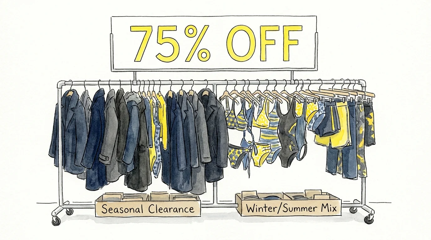Watercolor illustration of a clothing rack with a 75% off sign, showing a mix of seasonal apparel.