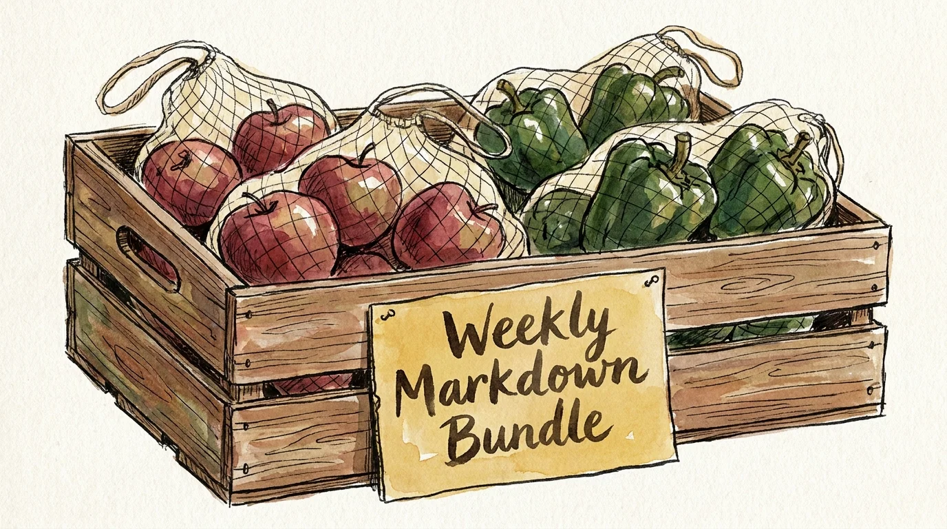 Watercolor illustration of a crate of 'imperfect' produce with a weekly markdown bundle price tag.