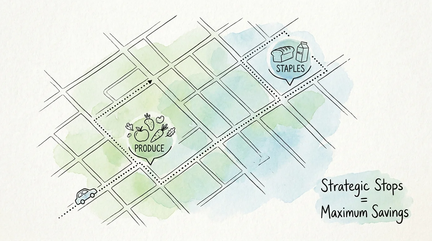 Watercolor map illustration showing a route between two different grocery stores for different items.