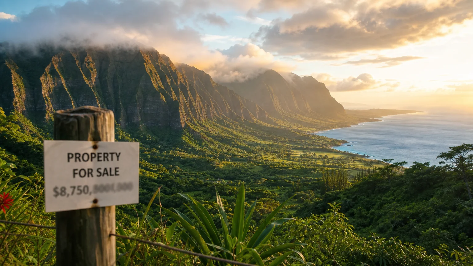 A beautiful Hawaiian landscape at sunrise with a 'for sale' sign in the foreground indicating high real estate costs.