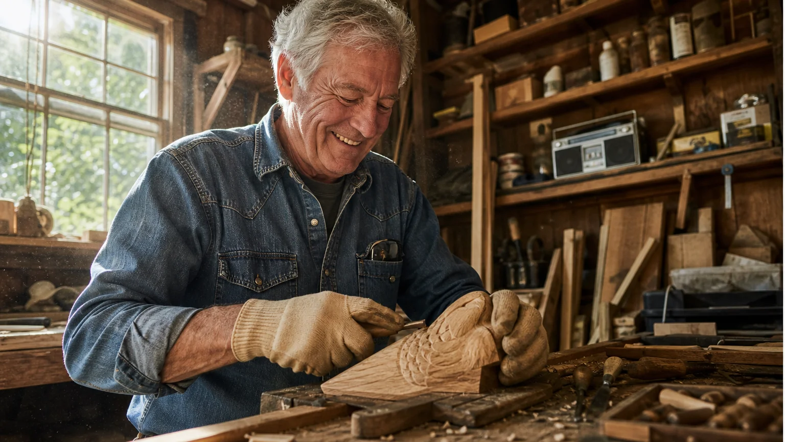 A candid shot of a senior man smiling while working on a woodworking project in his bright, naturally lit home workshop.