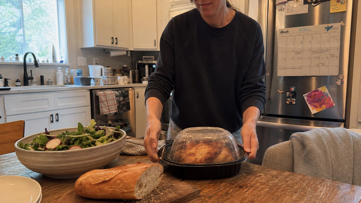 A candid smartphone-style photo of a person placing a packaged rotisserie chicken onto a wooden kitchen table next to a salad.