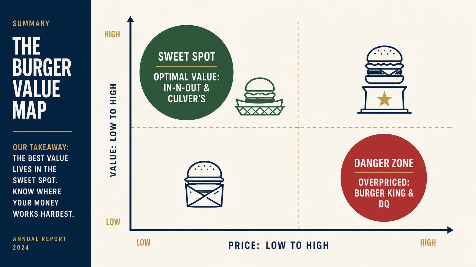 A chart showing burgers plotted on a graph of price versus value, highlighting the best and worst deals.