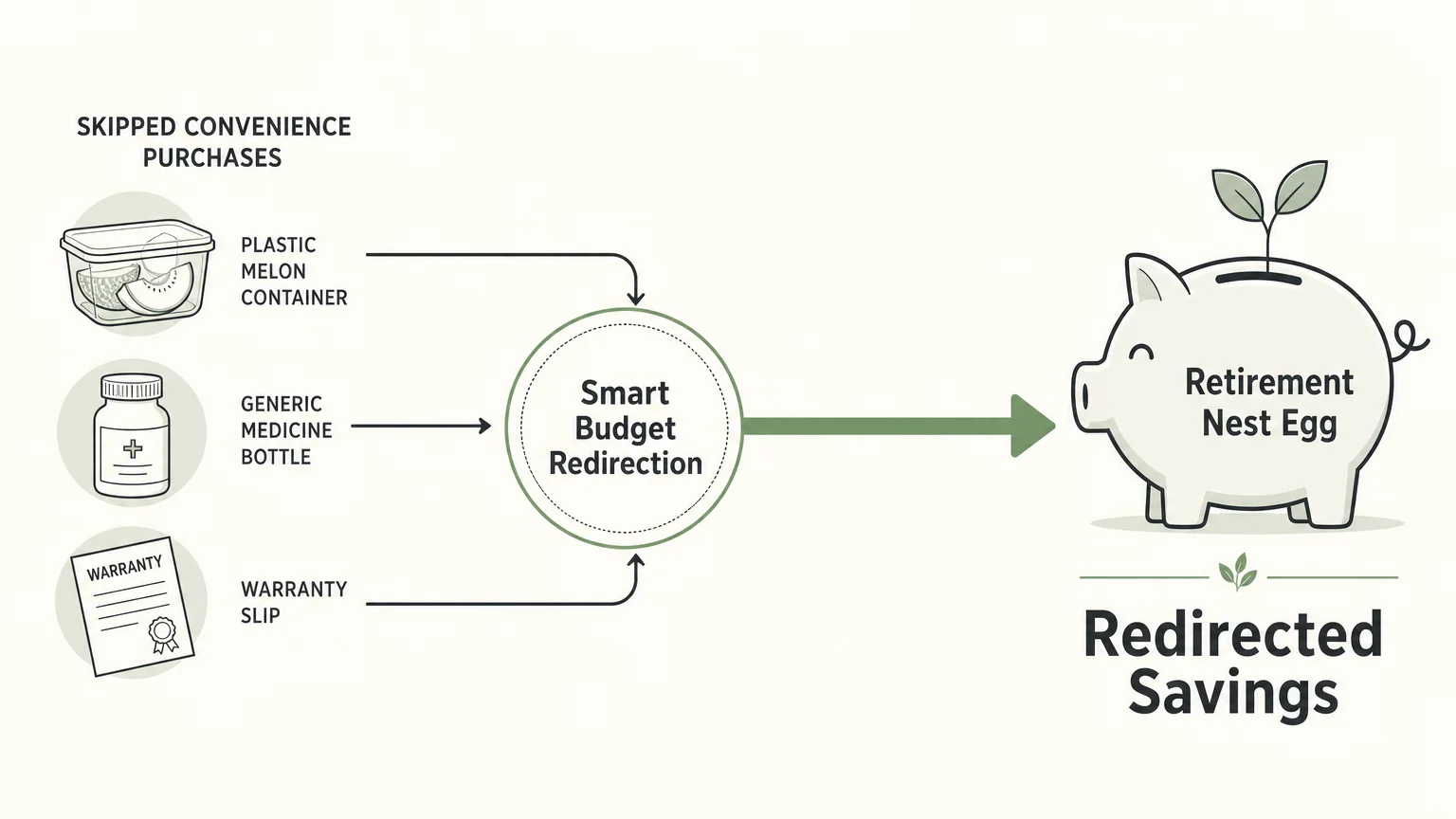 A clean flow diagram showing how redirecting money from skipped convenience purchases builds up a retirement nest egg.