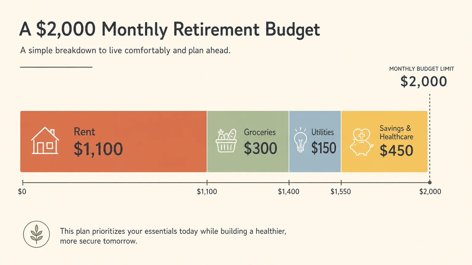 A clean horizontal bar chart breaking down a $2,000 monthly budget: Rent $1,100, Groceries $300, Utilities $150, and Savings/Healthcare $450