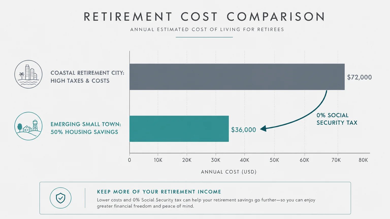 A clean horizontal bar chart comparing high-cost coastal retirement cities with affordable small towns.