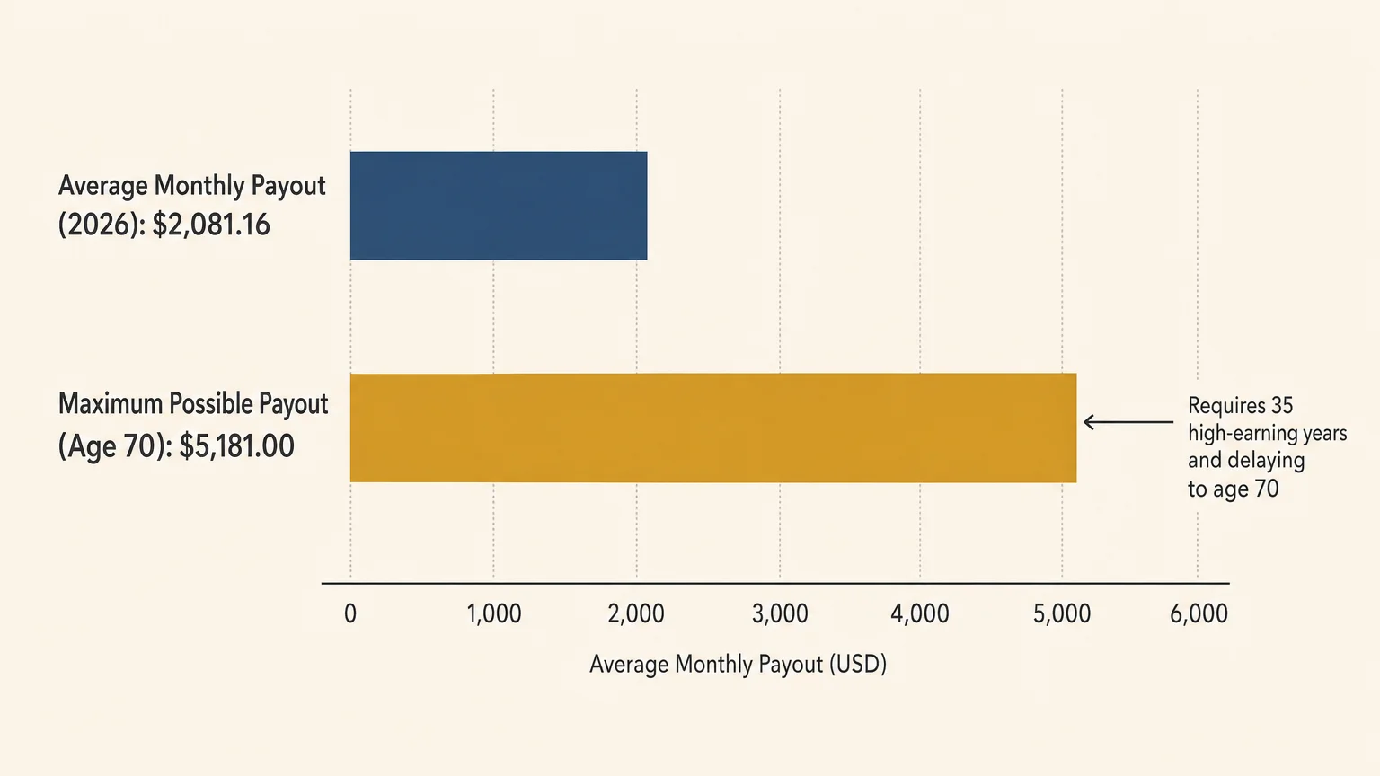 A clean horizontal bar chart comparing the average monthly Social Security payout of $2,081.16 to the maximum possible payout of $5,181.