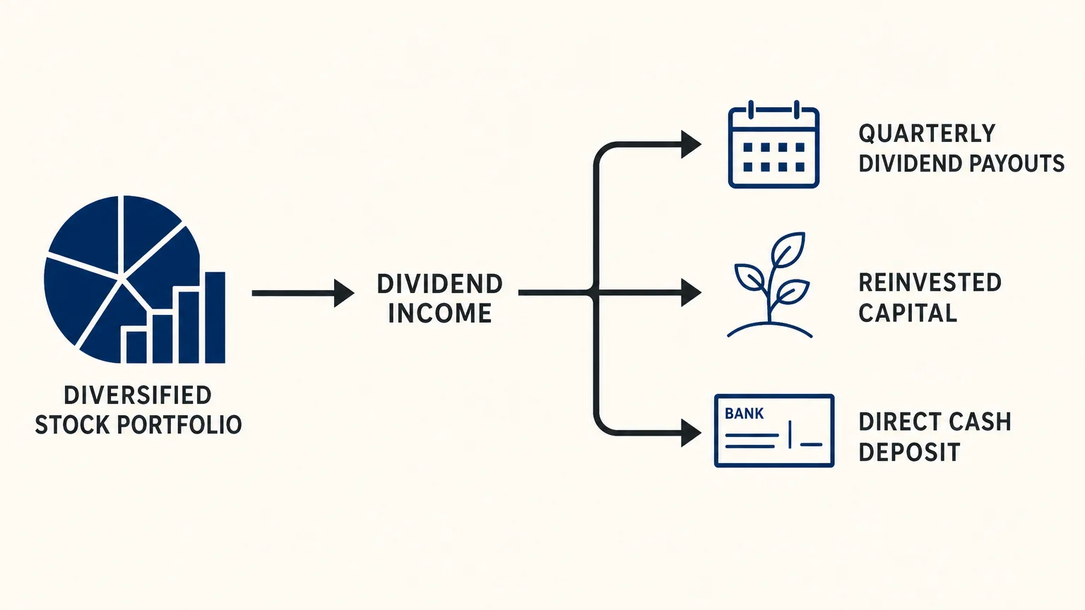 A clean, horizontal corporate-style diagram showing the flow of dividend income from stock portfolios to cash deposits.