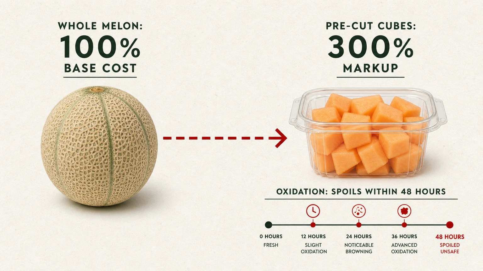 A clean horizontal diagram comparing the 300% markup of pre-cut melon in plastic containers to the base cost of a whole melon.