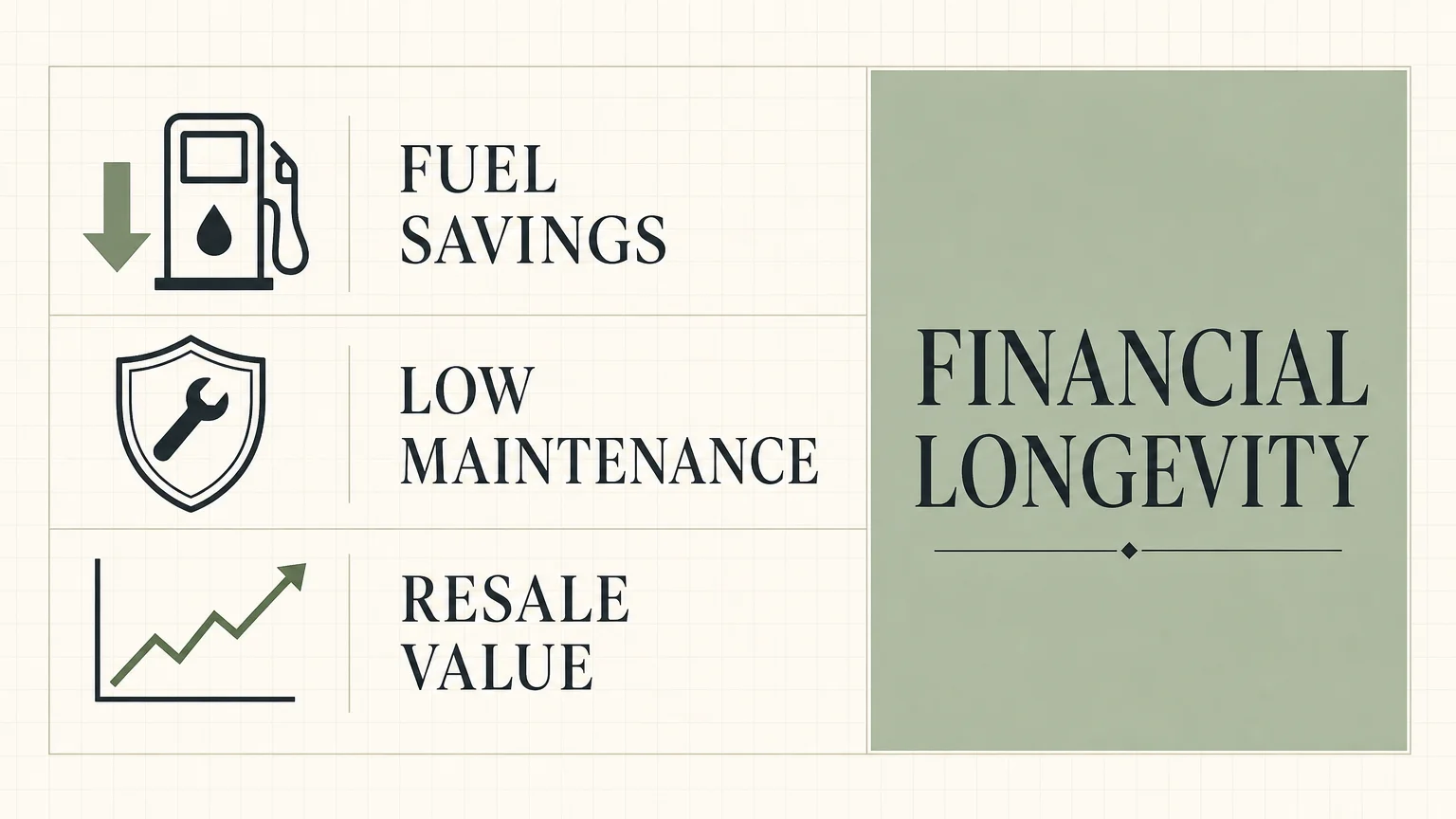 A clean, horizontal financial infographic showing three pillars of vehicle savings: fuel savings, low maintenance, and resale value.