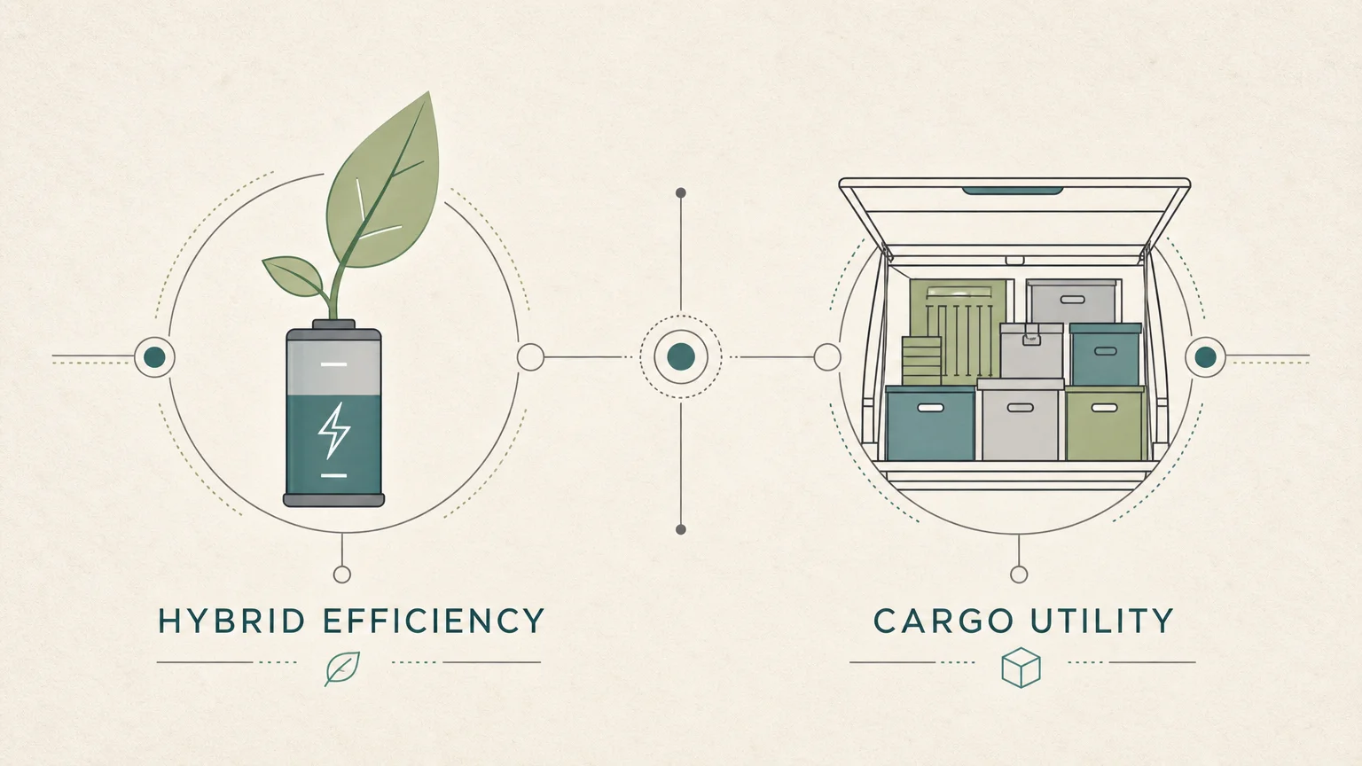 A clean, horizontal minimalist infographic comparing hybrid engine efficiency with spacious SUV cargo capacity using simple icons.